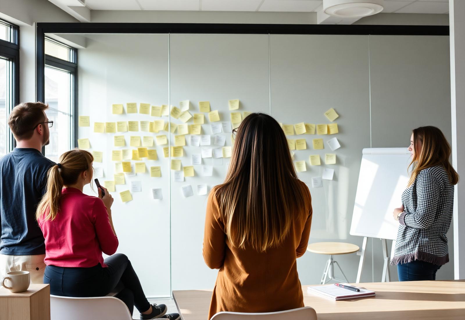 Facilitator leading a workshop with sticky notes on a glass wall